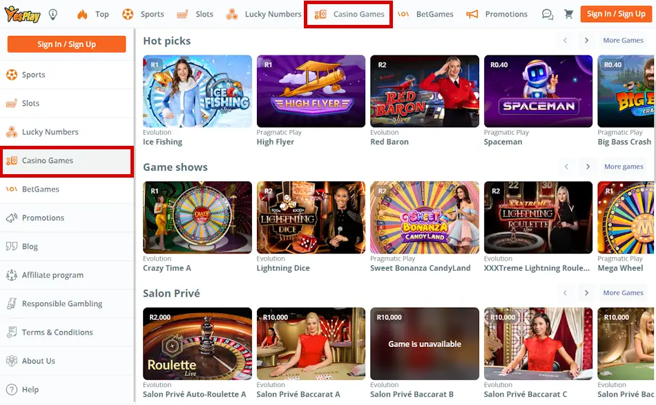 YesPlay Casino Games Screenshot